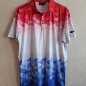 Yatta Golf Polo Shirt Mens Medium Red White Blue Geometric Print Performance
